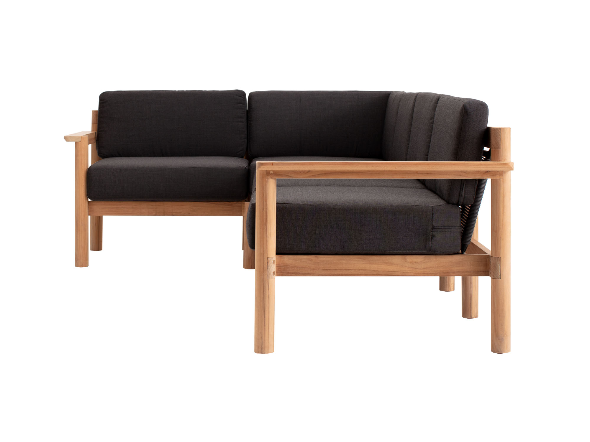 Side view of 5-piece outdoor sectional with black cushions